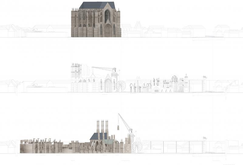 Elevational transformation of Beauvais cathedral. In 2016 we will see a 'gothic ampithetre' generated through a horizontal striation of gothic masonary elements, reorganised through the cylindirical constraints of the permenant, crane mechanism.